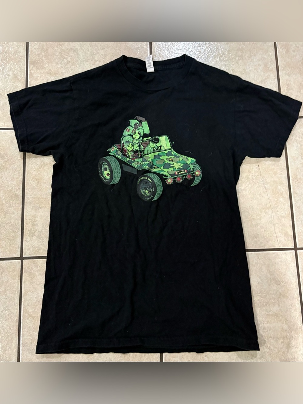 Gorillaz Black Tee with Green Camouflage Buggy Graphic